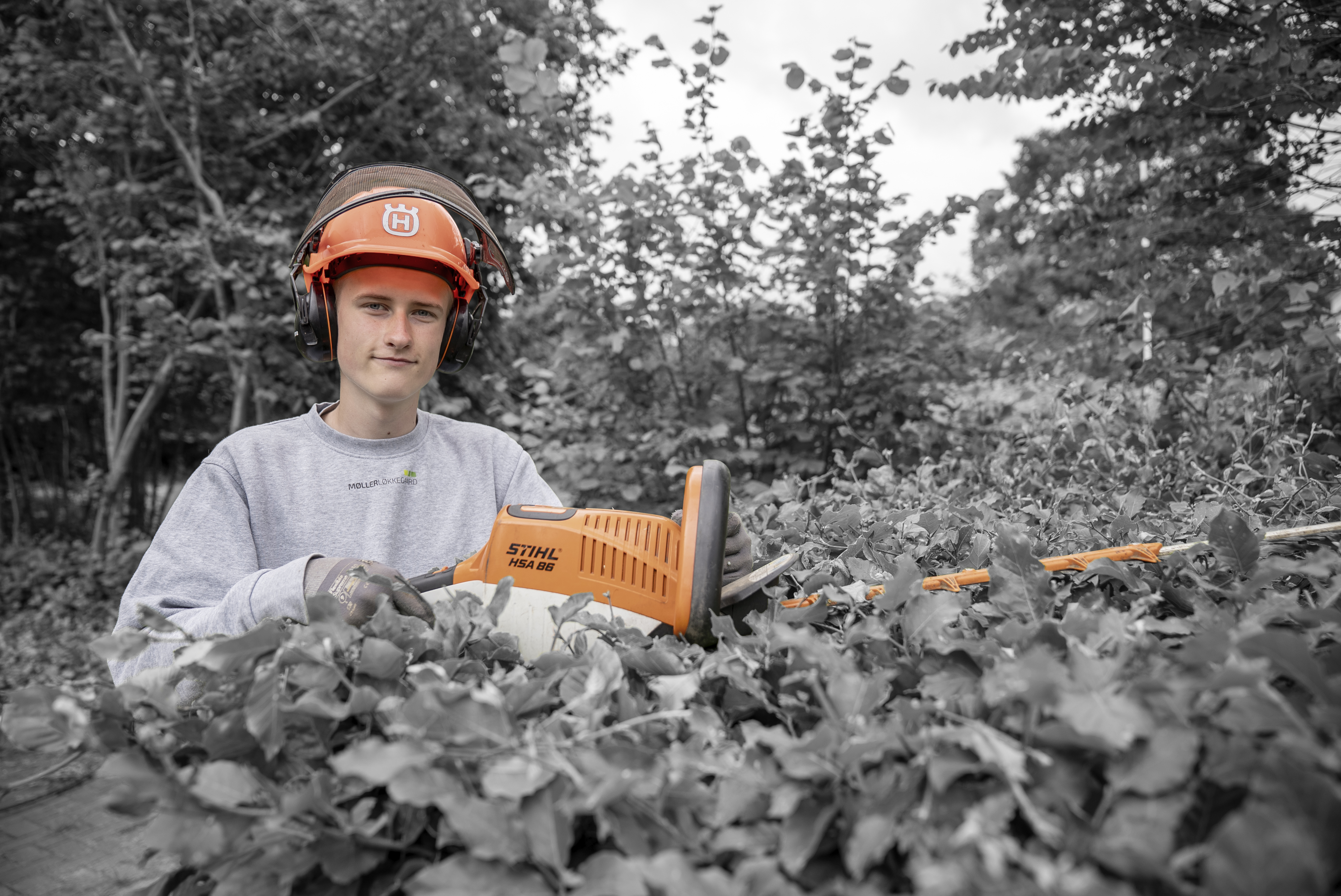 Elev på anlægsgartneruddannelsen med motorsav og hjelm