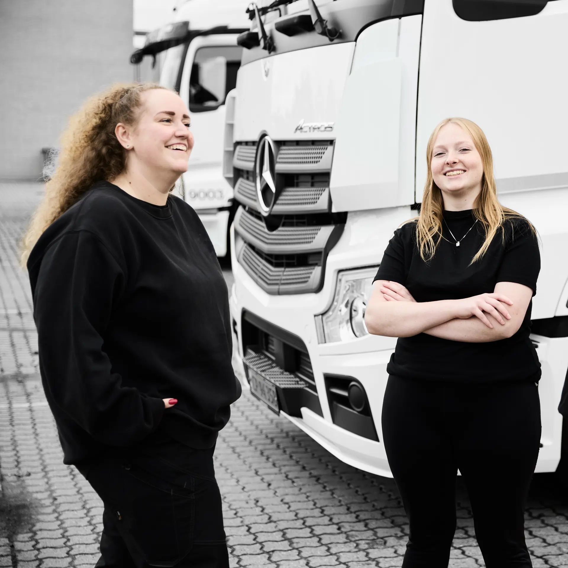 Vejgodstransport-elever står ved lastbiler
