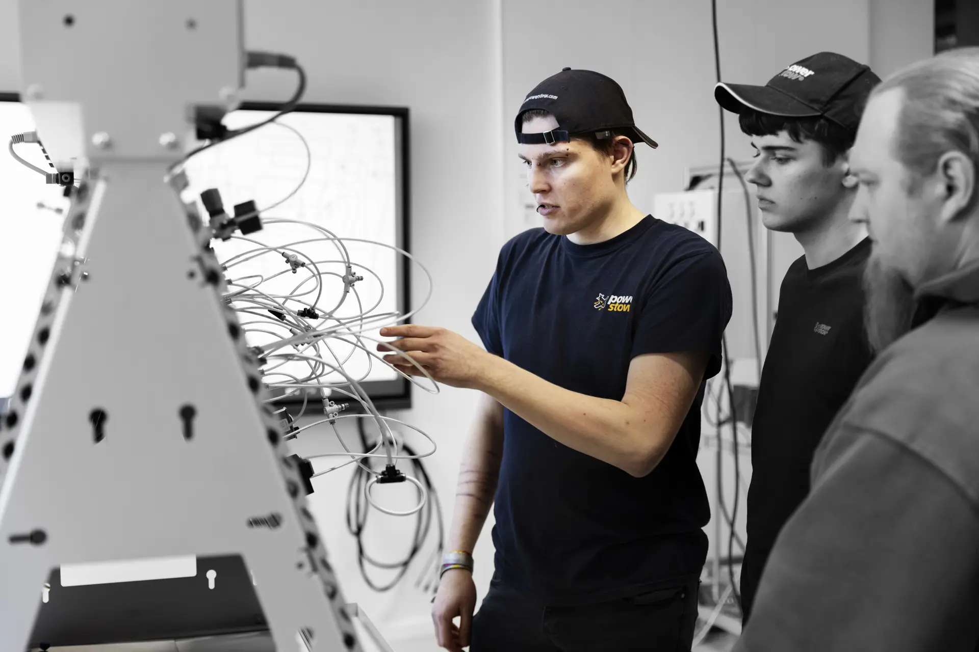 Automatikteknikere arbejder ved pneumatikanlæg